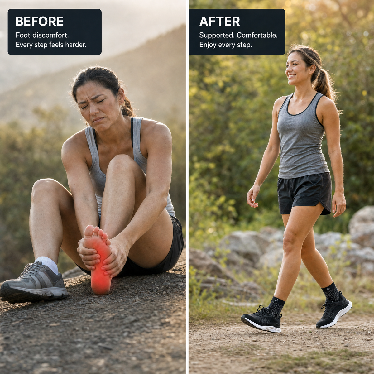 Before and after wearing MoveComforts Footsleeves