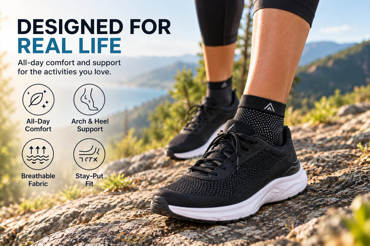 MoveComforts footsleeves worn with sneakers on a hike